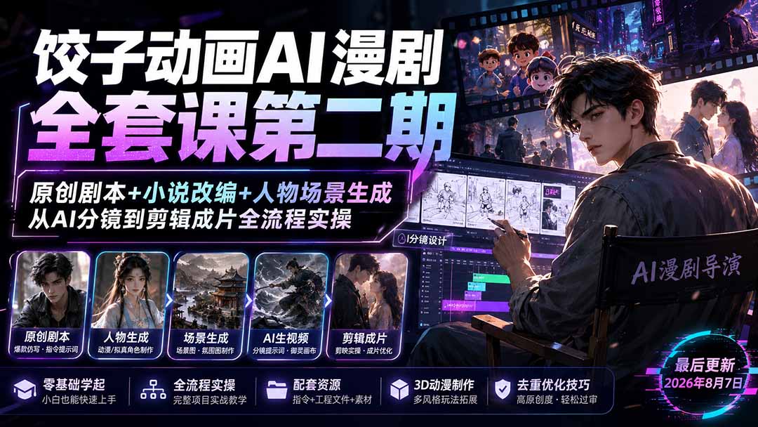 饺子动画AI漫剧全套课第二期：原创剧本+小说改编+人物场景生成，从AI分镜到剪辑成片全流程实操-heixxmi
