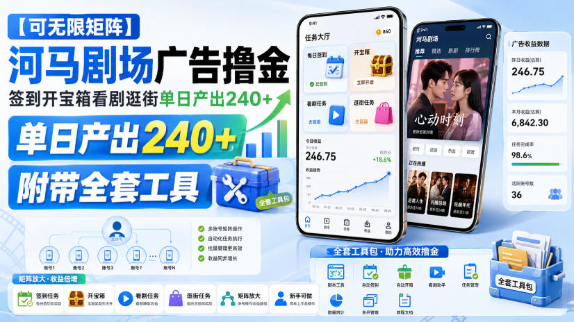 【可无限矩阵】河马剧场广告撸金，签到开宝箱看剧逛街单日产出240+，附带全套工具【揭秘】-heixxmi