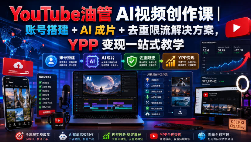 YouTube油管AI视频创作课｜账号搭建+AI成片+去重限流解决方案，YPP变现一站式教学(更新0817)-heixxmi