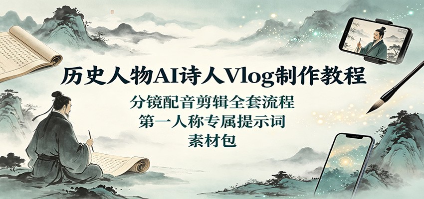 历史人物AI诗人Vlog制作教程：分镜配音剪辑全套流程，第一人称专属提示词素材包-heixxmi