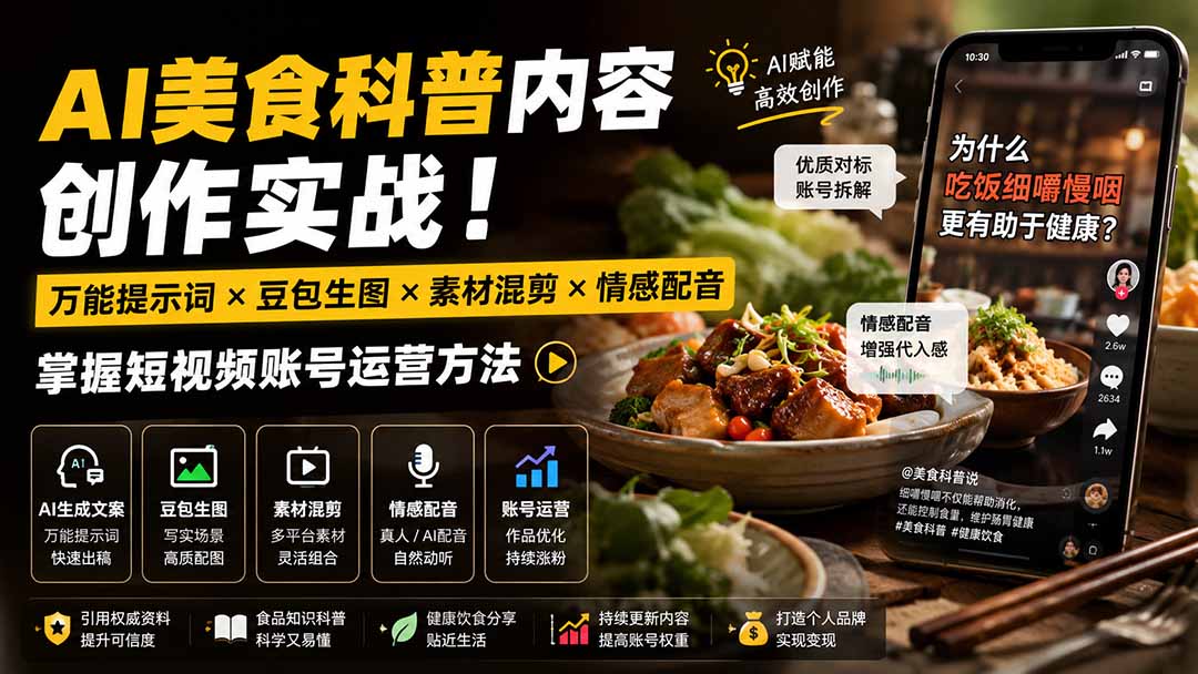 外面卖199元-AI美食科普内容创作实战！万能提示词×豆包生图×素材混剪×情感配音，掌握短视频账号运营方法-heixxmi