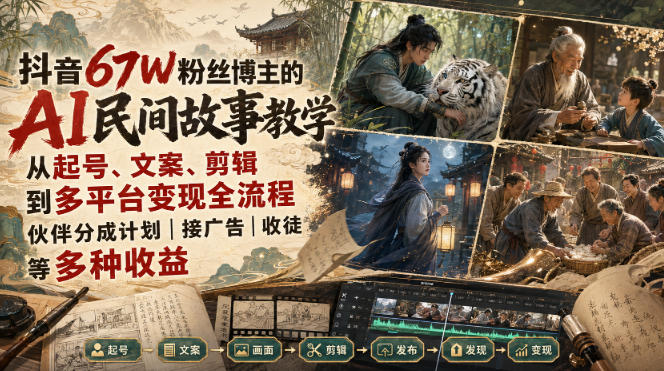 抖音67W粉丝博主的AI民间故事教学，从起号、文案、剪辑到多平台变现全流程，伙伴分成计划接广告等多种收益，月入1W+-heixxmi