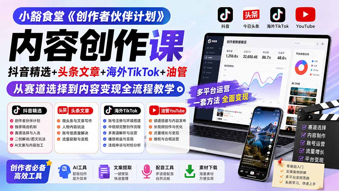 小豁食堂《创作者伙伴计划》内容创作课：抖音精选+头条文章+海外TikTok+油管，从赛道选择到内容变现全流程教学-heixxmi