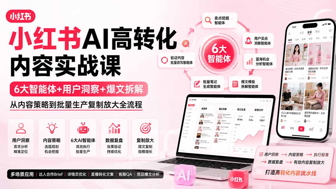 小红书AI高转化内容实战课：6大智能体+用户洞察+爆文拆解，从内容策略到批量生产复制放大全流程-heixxmi