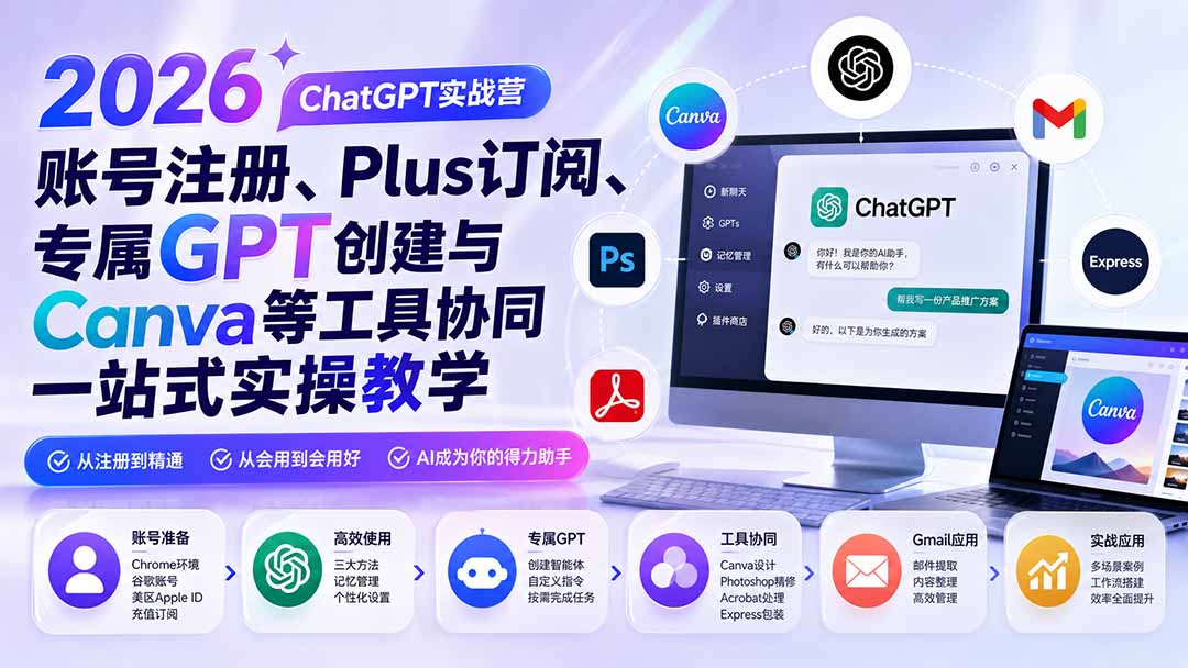 2026 ChatGPT实战营；账号注册、Plus订阅、专属GPT创建与Canva等工具协同一站式实操教学-heixxmi