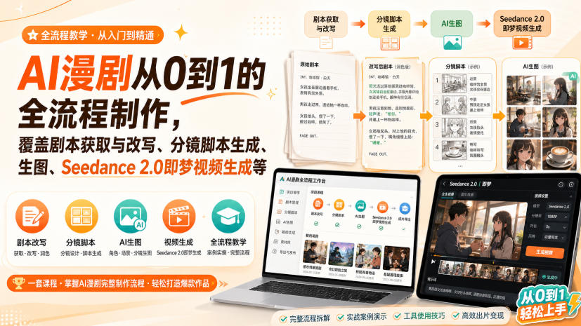 AI漫剧从0到1的全流程制作，覆盖剧本获取与改写、分镜脚本生成、角色场景生图与三视图、Seedance 2.0即梦视频生成(PDF版)-heixxmi