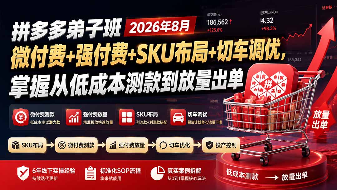 拼多多弟子班2026年8月：微付费+强付费+SKU布局+切车调优，掌握从低成本测款到放量出单-heixxmi