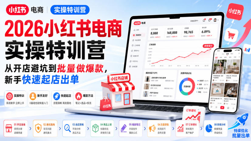 2026小红书电商实操特训营，从开店避坑到批量做爆款，新手快速起店出单-heixxmi