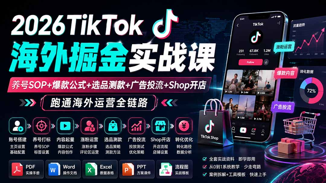 2026TikTok海外掘金实战课——养号SOP+爆款公式+选品测款+广告投流+Shop开店，跑通海外运营全链路-heixxmi