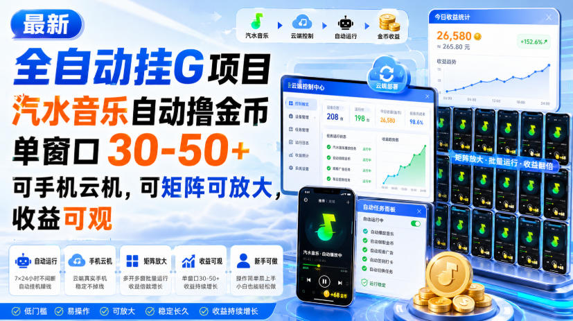 最新全自动挂G项目，汽水音乐自动撸金币单窗口30-50+，可手机云机，可矩阵可放大，收益可观-heixxmi