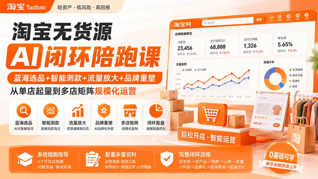 淘宝无货源AI闭环陪跑课：蓝海选品+智能测款+流量放大+品牌重塑，从单店起量到多店矩阵规模化运营-heixxmi