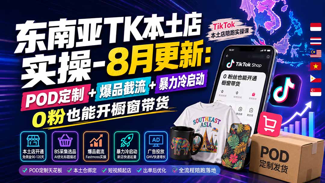 东南亚TK本土店实操-8月更新：POD定制+爆品截流+暴力冷启动，0粉也能开橱窗带货-heixxmi