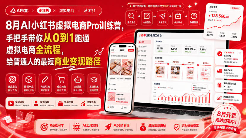 8月AI小红书虚拟电商Pro训练营，手把手带你从0到1跑通虚拟电商全流程，给普通人的最短商业变现路径-heixxmi