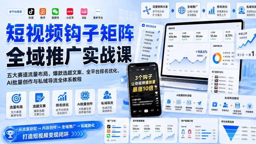 短视频钩子矩阵全域推广实战课｜五大赛道流量布局、爆款选题文案、全平台排名优化、AI批量创作与私域导流全体系教程-heixxmi