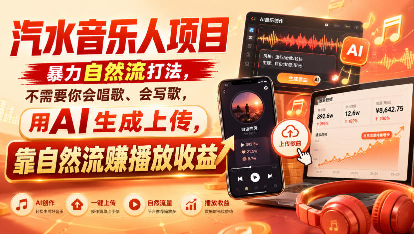 汽水音乐人项目，暴力自然流打法，不需要你会唱歌、会写歌，用AI生成上传，靠自然流賺播放收益-heixxmi