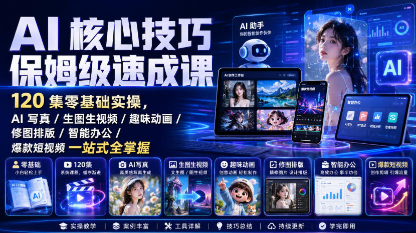AI核心技巧保姆级速成课｜120集零基础实操，AI写真/生图生视频/趣味动画/修图排版/智能办公/爆款短视频一站式全掌握(更新)-heixxmi