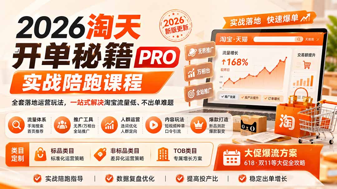 2026淘天开单秘籍PRO实战陪跑课程：全套落地运营玩法，一站式解决淘宝流量低、不出单难题(更新260823-heixxmi