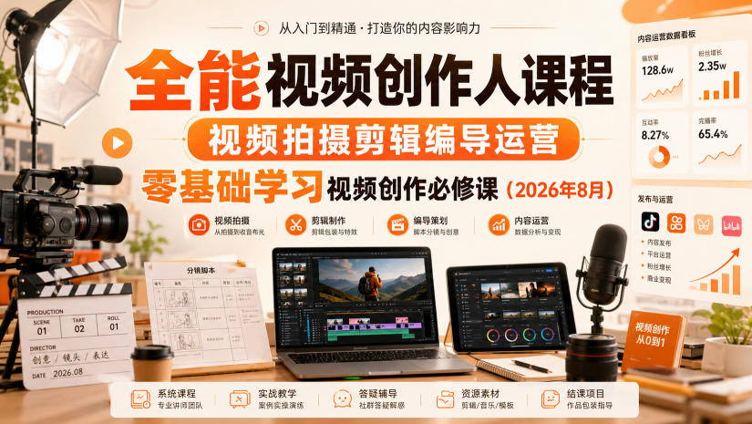 全能视频创作人课程，视频拍摄剪辑编导运营，零基础学习视频创作必修课(2026年8月)-heixxmi