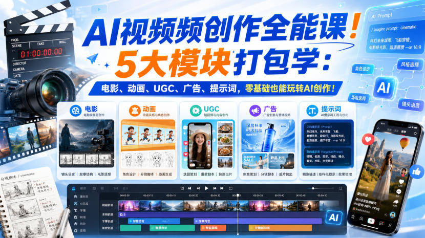AI视频频创作全能课！5大模块打包学：电影、动画、UGC、广告、提示词，零基础也能玩转AI创作！【原创双语字幕】-heixxmi