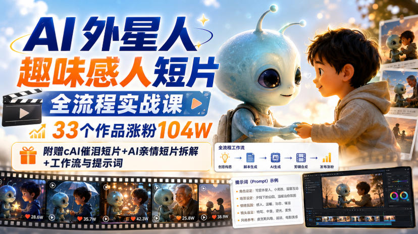 AI外星人趣味感人短片全流程实战课，33个作品涨粉104W，附赠AI催泪短片+AI亲情短片拆解+工作流与提示词-heixxmi