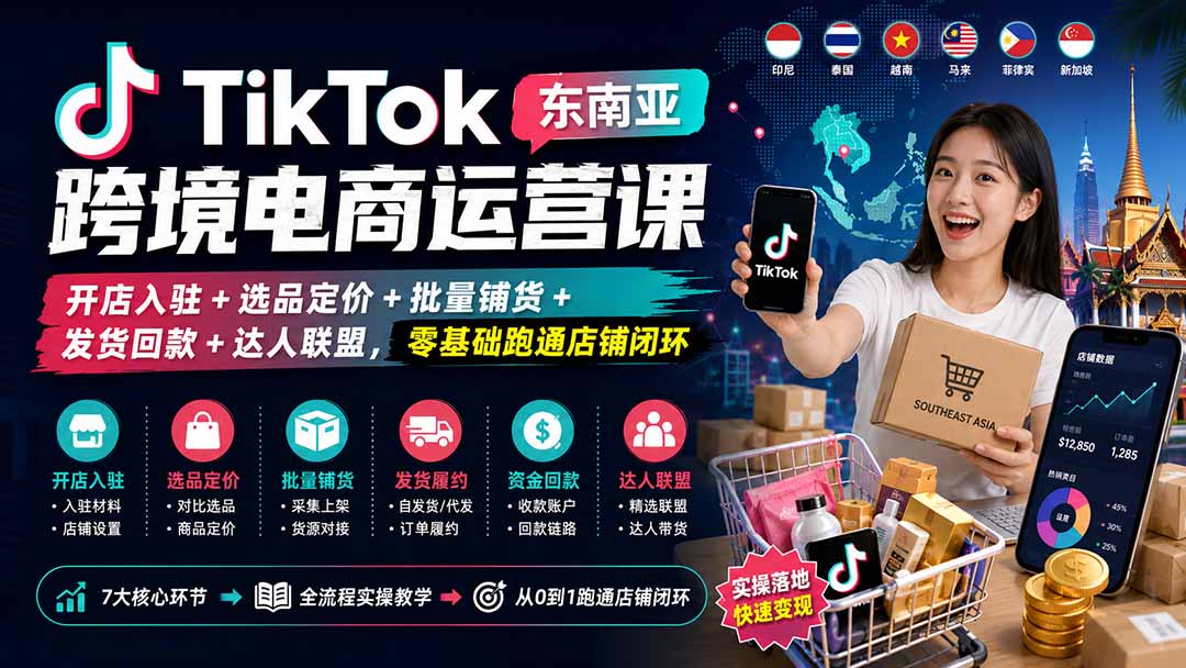 TikTok东南亚跨境电商运营课：开店入驻+选品定价+批量铺货+发货回款+达人联盟，零基础跑通店铺闭环-heixxmi