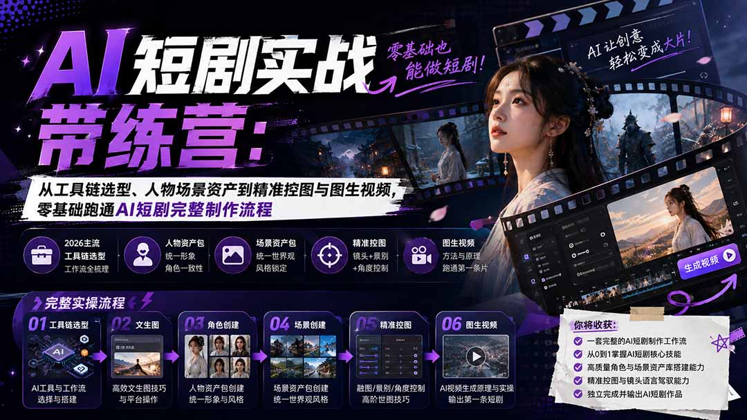 AI短剧实战训练营：从工具链选型、人物场景资产到精准控图与图生视频，零基础跑通AI短剧完整制作流程-heixxmi