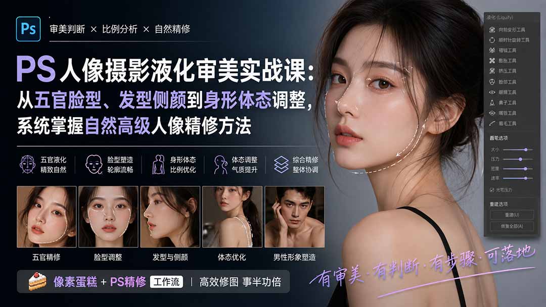 PS人像摄影液化审美实战课：从五官脸型、发型侧颜到身形体态调整，系统掌握自然高级人像精修方法-heixxmi