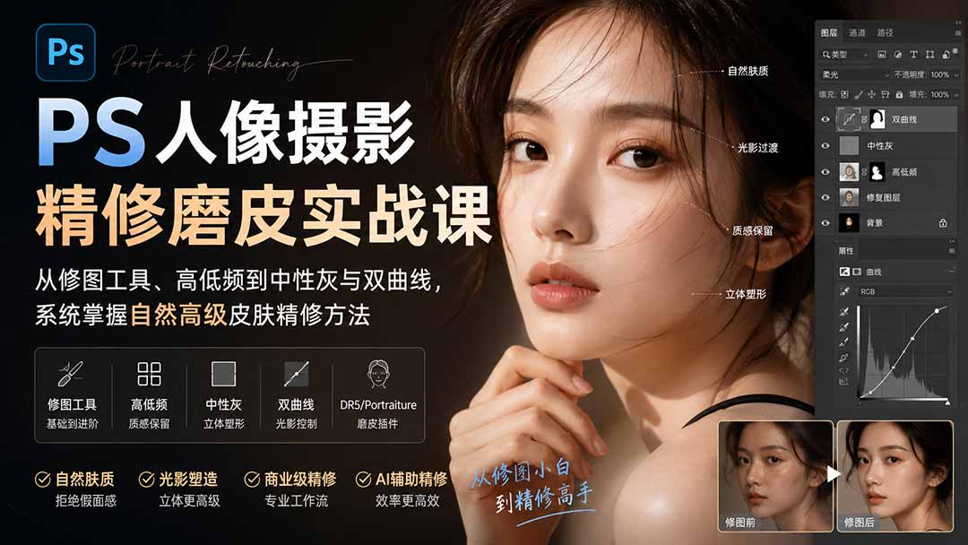 PS人像摄影精修磨皮实战课：从修图工具、高低频到中性灰与双曲线，系统掌握自然高级皮肤精修方法-heixxmi