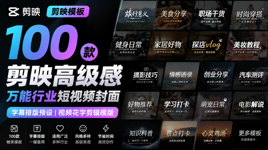 【剪映模板】100款剪映高级感万能行业短视频封面字幕排版预设视频花字剪辑模版-heixxmi