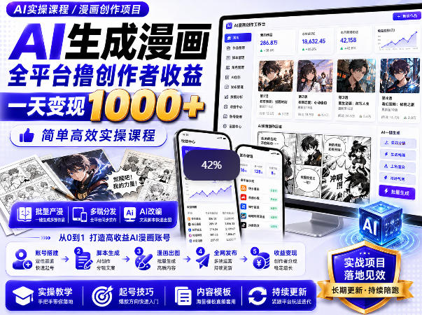AI生成漫画全平台撸创作者收益内部课程，实操最高单日变现1k+-heixxmi