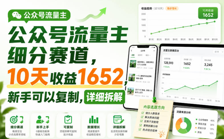 公众号流量主细分赛道，10天收益1652，新手可以复制，详细拆解-heixxmi