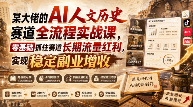 某大佬的AI人文历史赛道全流程实战课，零基础抓住赛道长期流量红利，实现稳定副业增收-heixxmi
