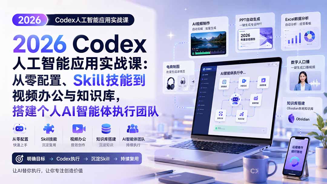 2026 Codex人工智能应用实战课：从零配置、Skill技能到视频办公与知识库，搭建个人AI智能体执行团队-heixxmi
