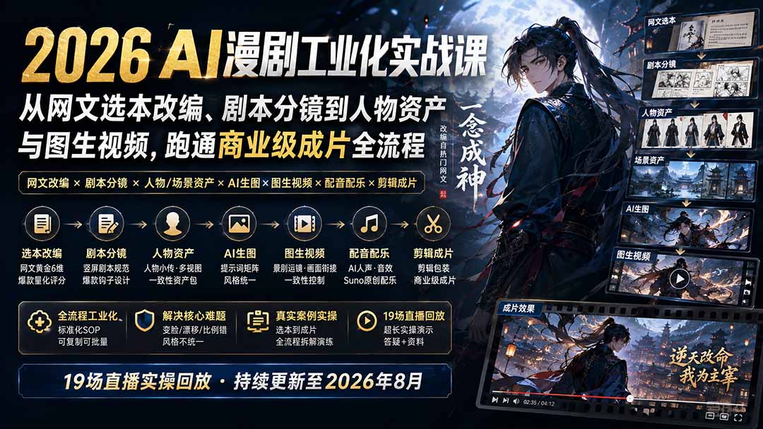 2026 AI漫剧工业化实战课-更新：从网文选本改编、剧本分镜到人物资产与图生视频，跑通商业级成片全流程-heixxmi