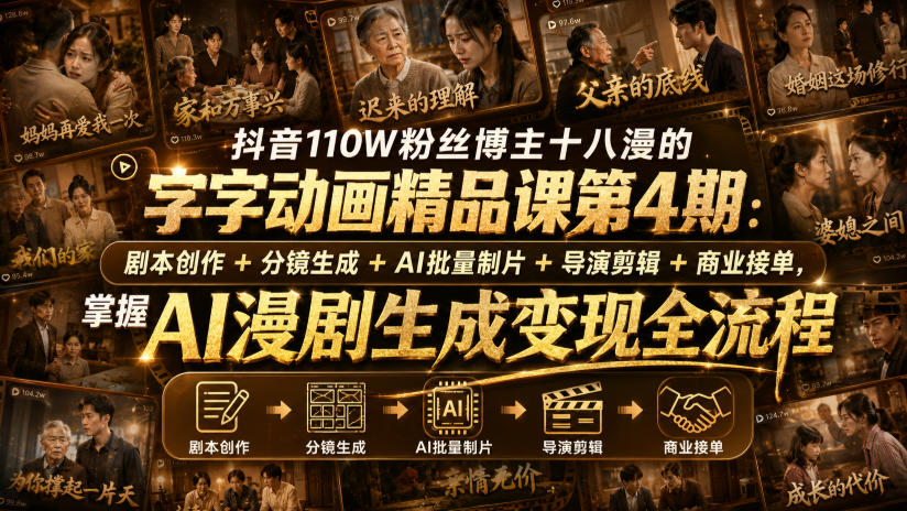 抖音110W粉丝博主十八漫的字字动画精品课第4期：剧本创作+分镜生成+剪辑+商业接单，掌握AI漫剧生成变现全流程-heixxmi