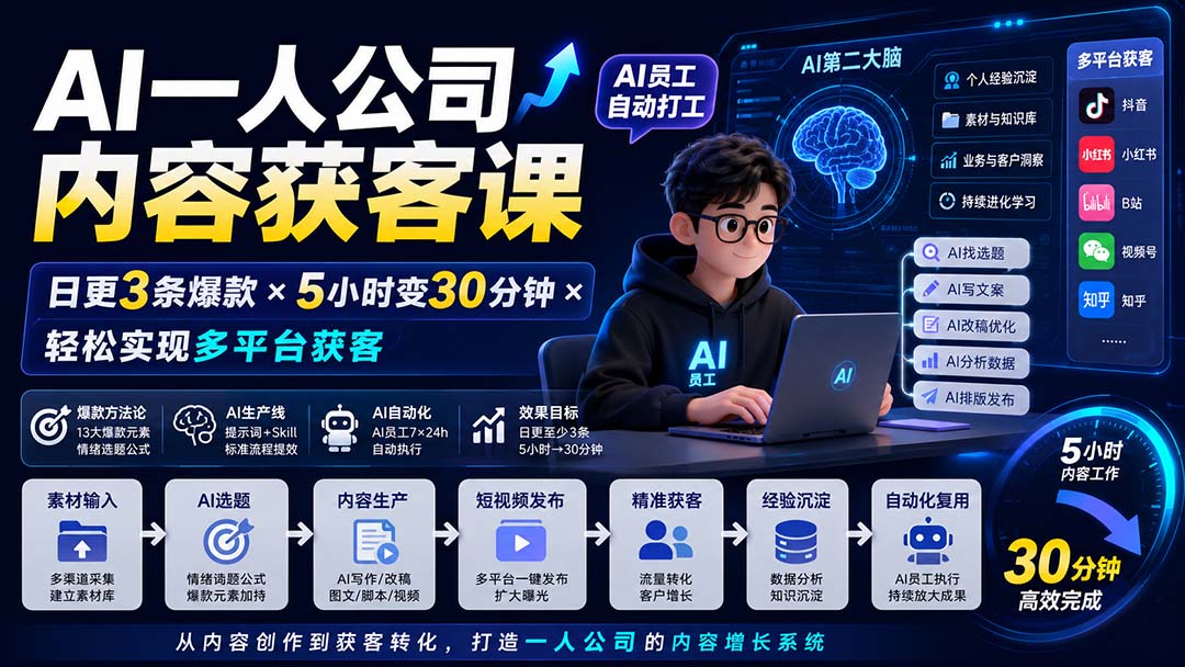 AI一人公司内容获客课-更新8月：日更3条爆款×5小时变30分钟×AI员工自动打工，轻松实现多平台获客-heixxmi