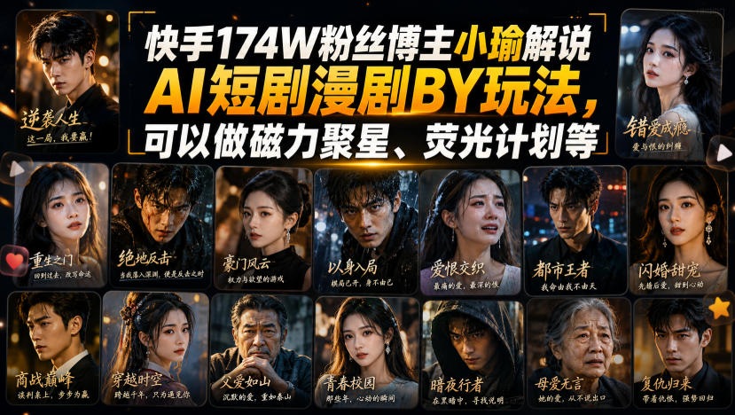 快手174W粉丝博主小瑜解说AI短剧漫剧搬运玩法，可以做磁力聚星、荧光计划等-heixxmi