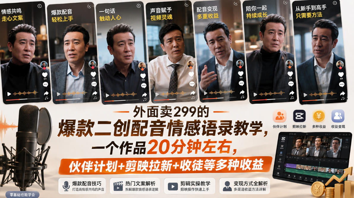 外面卖299的爆款二创配音情感语录教学，一个作品20分钟左右，伙伴计划+剪映拉新+收徒等多种收益-heixxmi