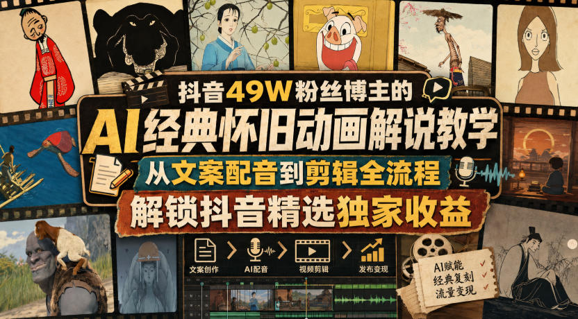 抖音49W粉丝博主的AI经典怀旧动画解说教学，从文案配音到剪辑全流程，解锁抖音精选独家收益-heixxmi