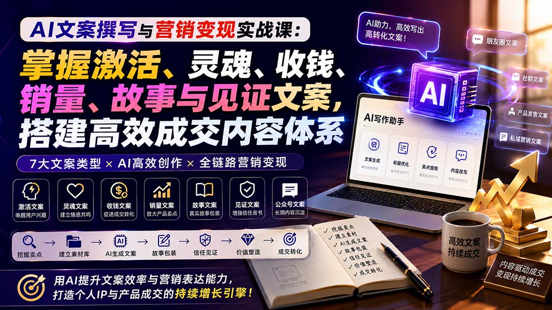 AI文案撰写与营销变现实战课：掌握激活、灵魂、收钱、销量、故事与见证文案，搭建高效成交内容体系-heixxmi