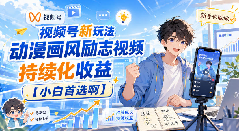 视频号新玩法动漫画风励志视频，持续化收益【小白首选啊】-heixxmi