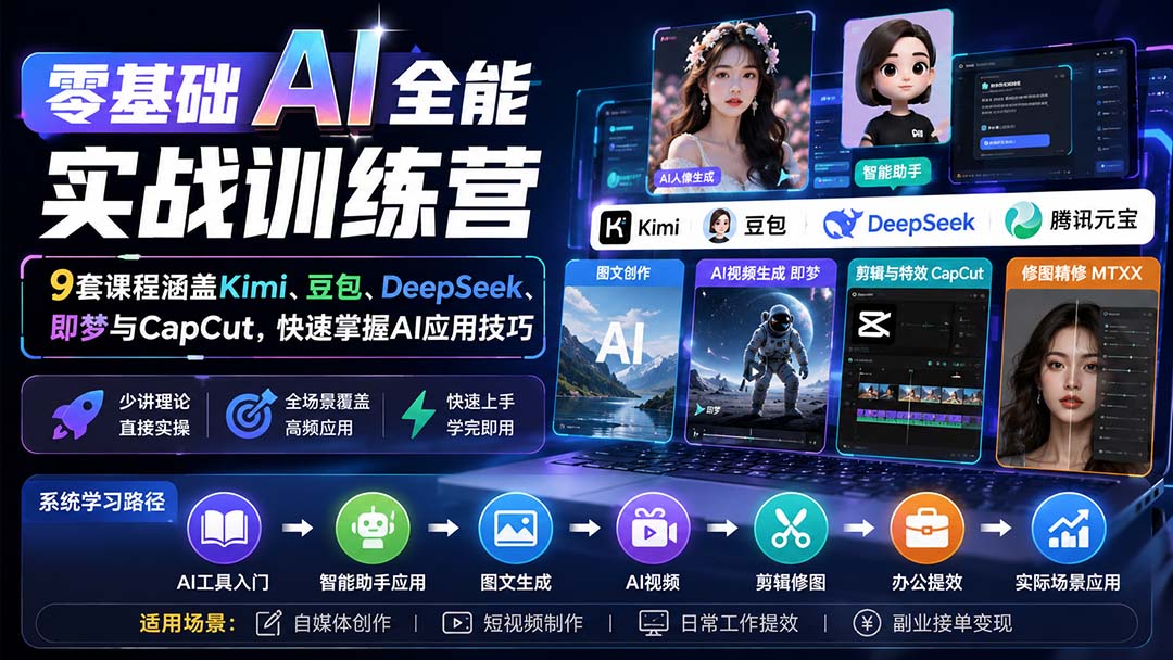 零基础AI全能实战训练营：9套课程涵盖Kimi、豆包、DeepSeek、即梦与CapCut，快速掌握AI应用技巧-heixxmi