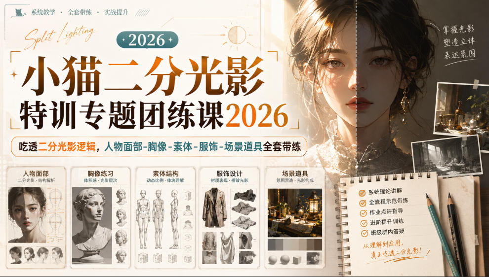 小猫二分光影特训专题团练课2026｜吃透二分光影逻辑，人物面部‑胸像‑素体‑服饰‑场景道具全套带练，高清画质附赠课件与笔刷-heixxmi
