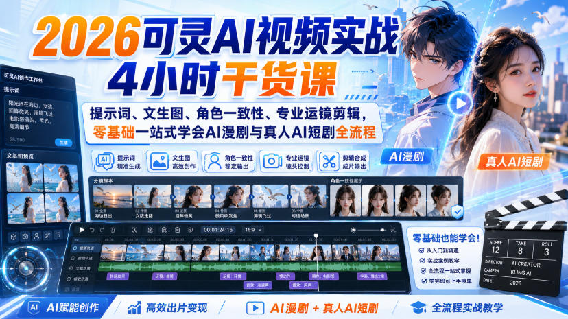 2026可灵AI视频实战4小时干货课｜提示词、文生图、角色一致性、专业运镜剪辑，零基础一站式学会AI漫剧与真人AI短剧全流程-heixxmi
