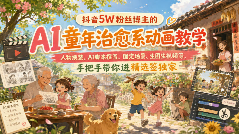 抖音5W粉丝博主的AI童年治愈系动画教学，人物换装、AI脚本撰写、固定场景、生图生视频等，手把手带你进精选签独家-heixxmi