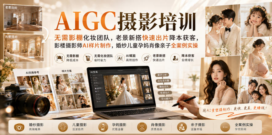 AIGC摄影培训｜无需影棚化妆团队，老景新搭快速出片降本获客，影楼摄影师AI样片制作，婚纱儿童孕妈肖像亲子全案例实操-heixxmi
