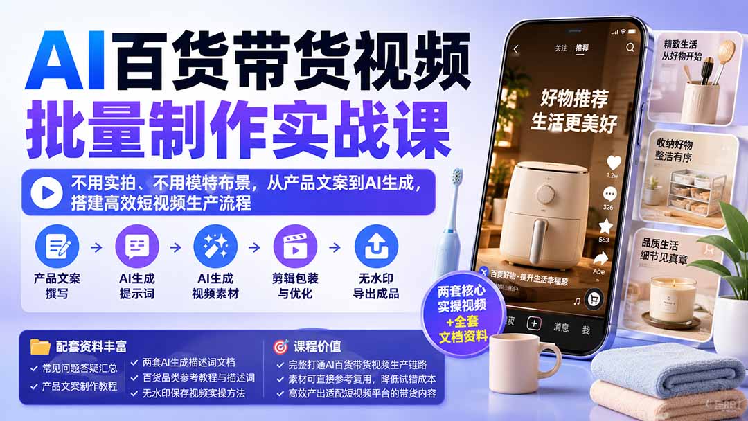 AI百货带货视频批量制作实战课：不用实拍、不用模特布景，从产品文案到AI生成，搭建高效短视频生产流程-heixxmi