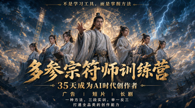 多参宗符师训练营,35天成为AI时代创作者,广告|短片|长剧,一种方法,三段实训,举一反三,打通全品类的创作能力