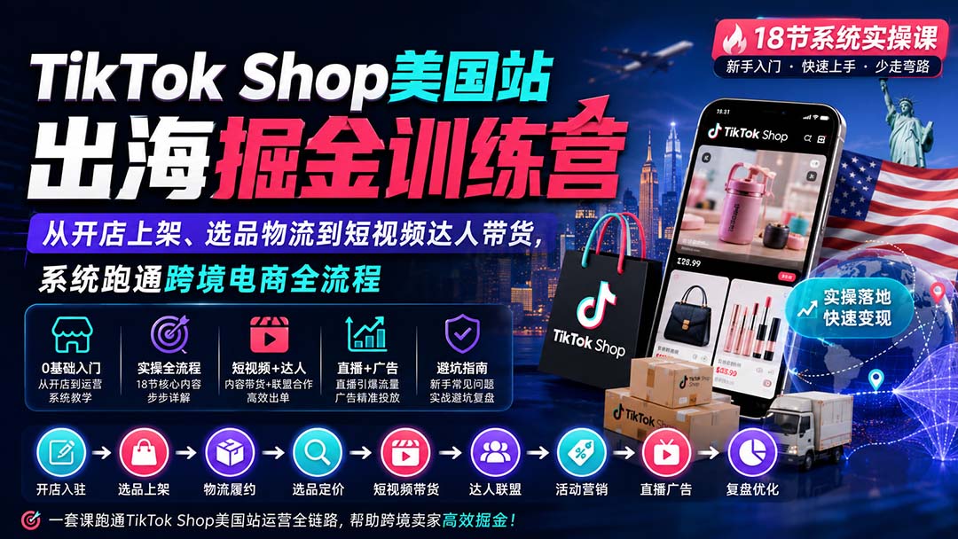 TikTok Shop美国站出海掘金训练营：从开店上架、选品物流到短视频达人带货，系统跑通跨境电商全流程-heixxmi