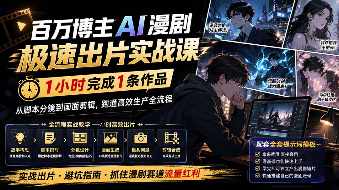 百万博主AI漫剧极速出片实战课：1小时产出条作品，从脚本分镜到画面剪辑，跑通高效生产全流程-heixxmi